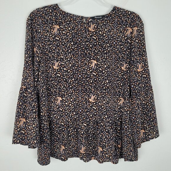 Madewell Silk Blouse 3/4 Bell Sleeve Peplum Patterned Black Multicolor Size L - Picture 1 of 11